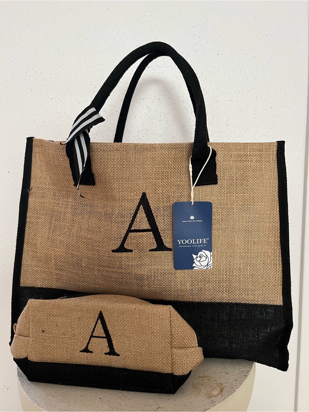 Beige and Black Jute Tote with Matching Pouch